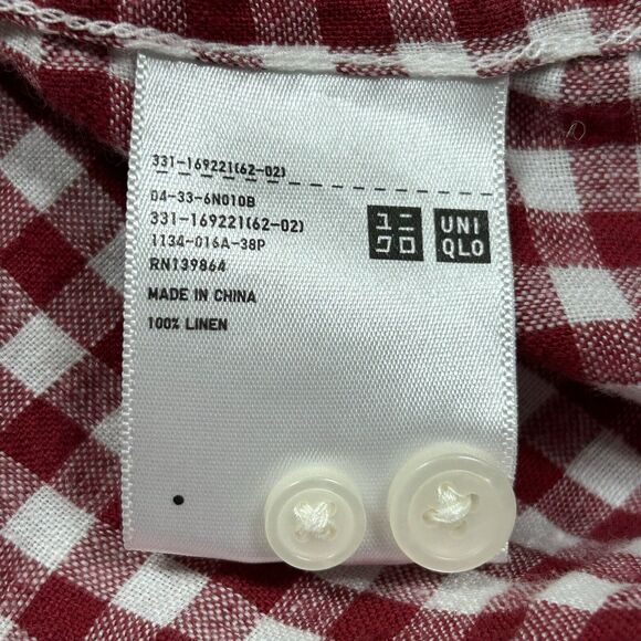 Uniqlo Shirt Men’s Large Red White Checkered 100% Linen Pocket Casual Summer - Picture 9 of 10